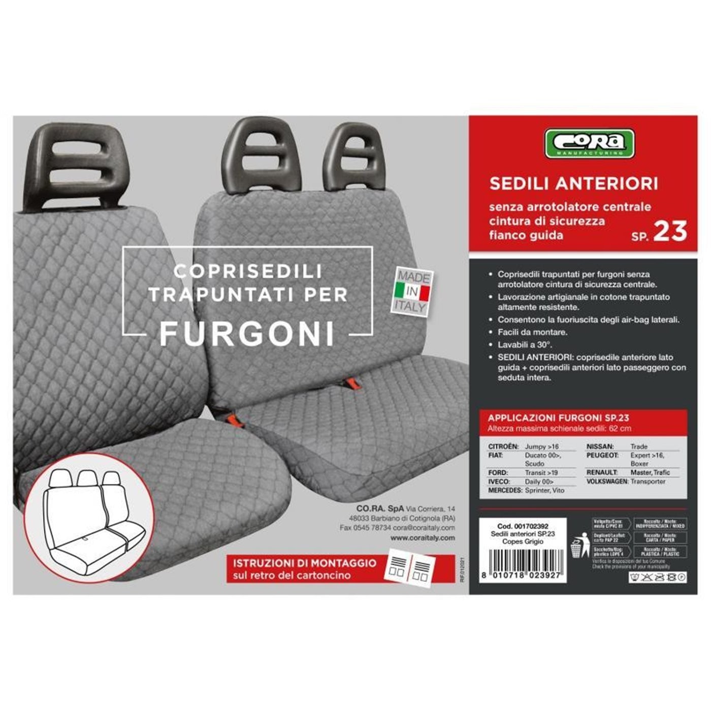 COPRISEDILI PER FURGONE TG SP23 TESSUTO COTONE TRAPUNTATO GRIGIO CORA 1702392