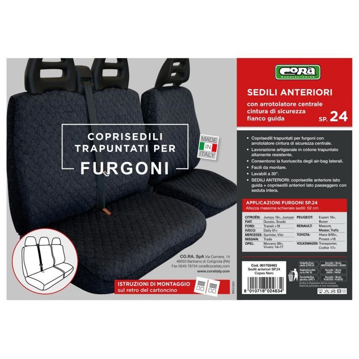 COPRISEDILI PER FURGONI TG SP24 TESSUTO COTONE TRAPUNTATO NERO CORA 1702463