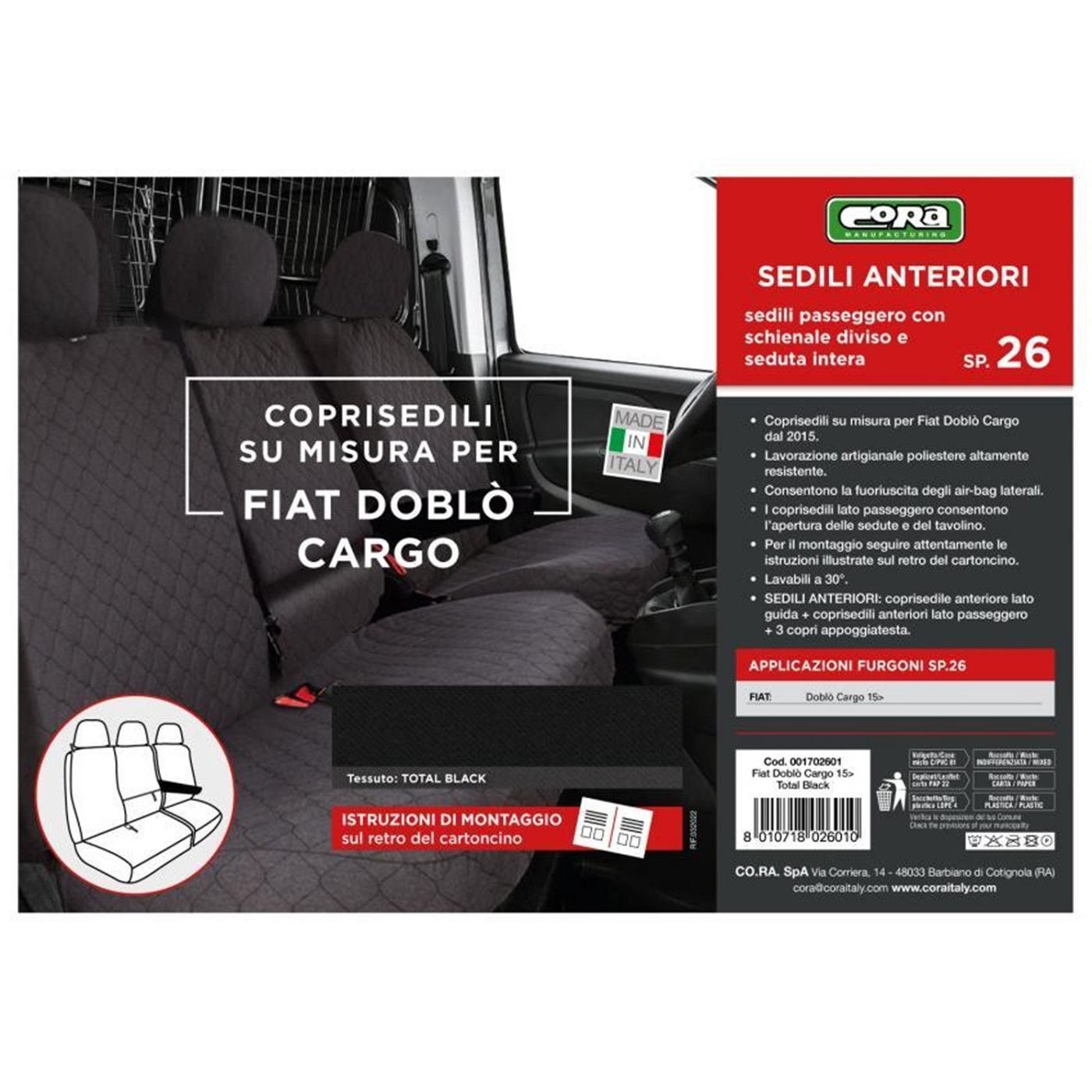 COPRISEDILI SU MISURA SP26 PER FIAT DOBLO' CARGO 15>22 NERO CORA 1702601