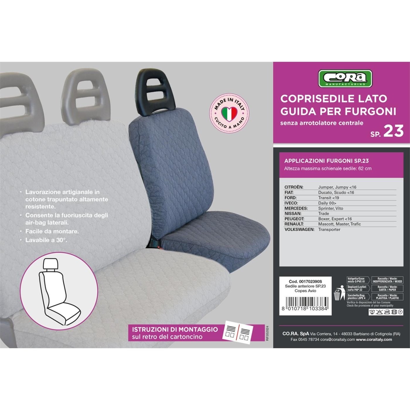 COPRISEDILE LATO GUIDA PER FURGONI TG SP23 TESSUTO COLORE TRAPUNTATO AVIO CORA 1702390S