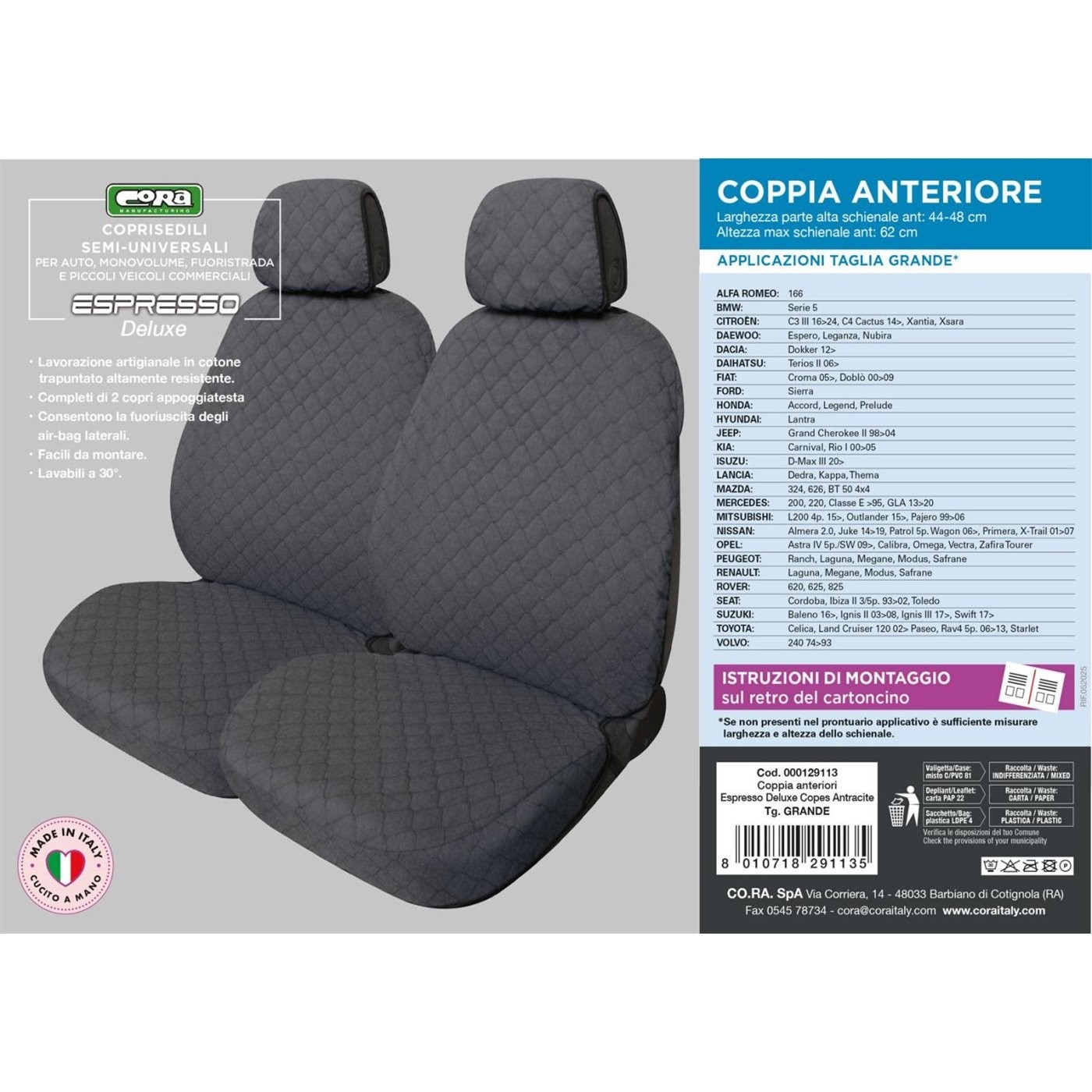 COPRISEDILI FODERINE ANTERIORI FAST&SMART TG.GRANDE TESS. COTONE TRAPUNTATO ANTRACITE CORA 129113