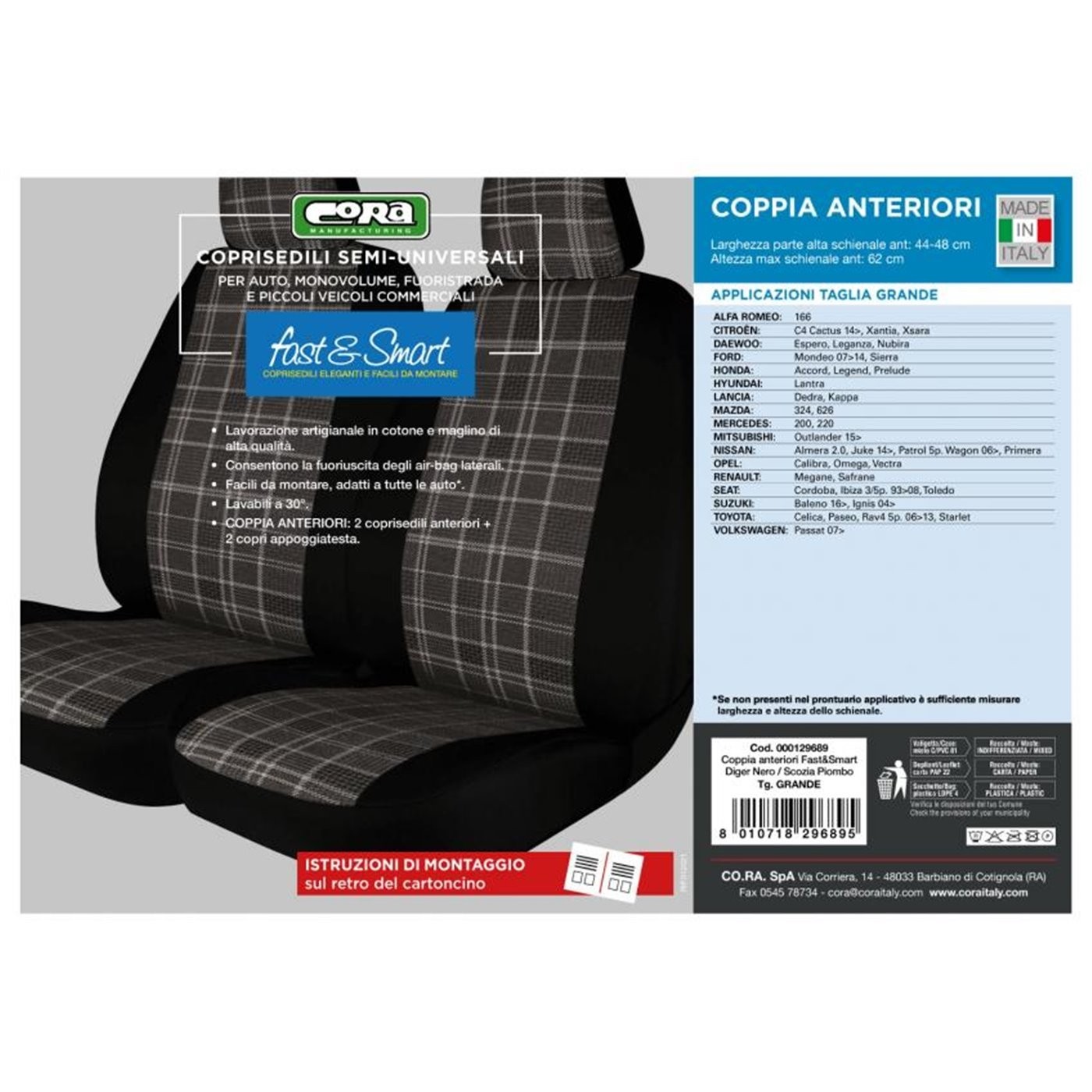 COPRISEDILI FODERINE ANTERIORI FAST&SMART TG. GRANDE TESS. MISTO COTONE PIOMBO SCOZIA PIOMBO CORA 129689