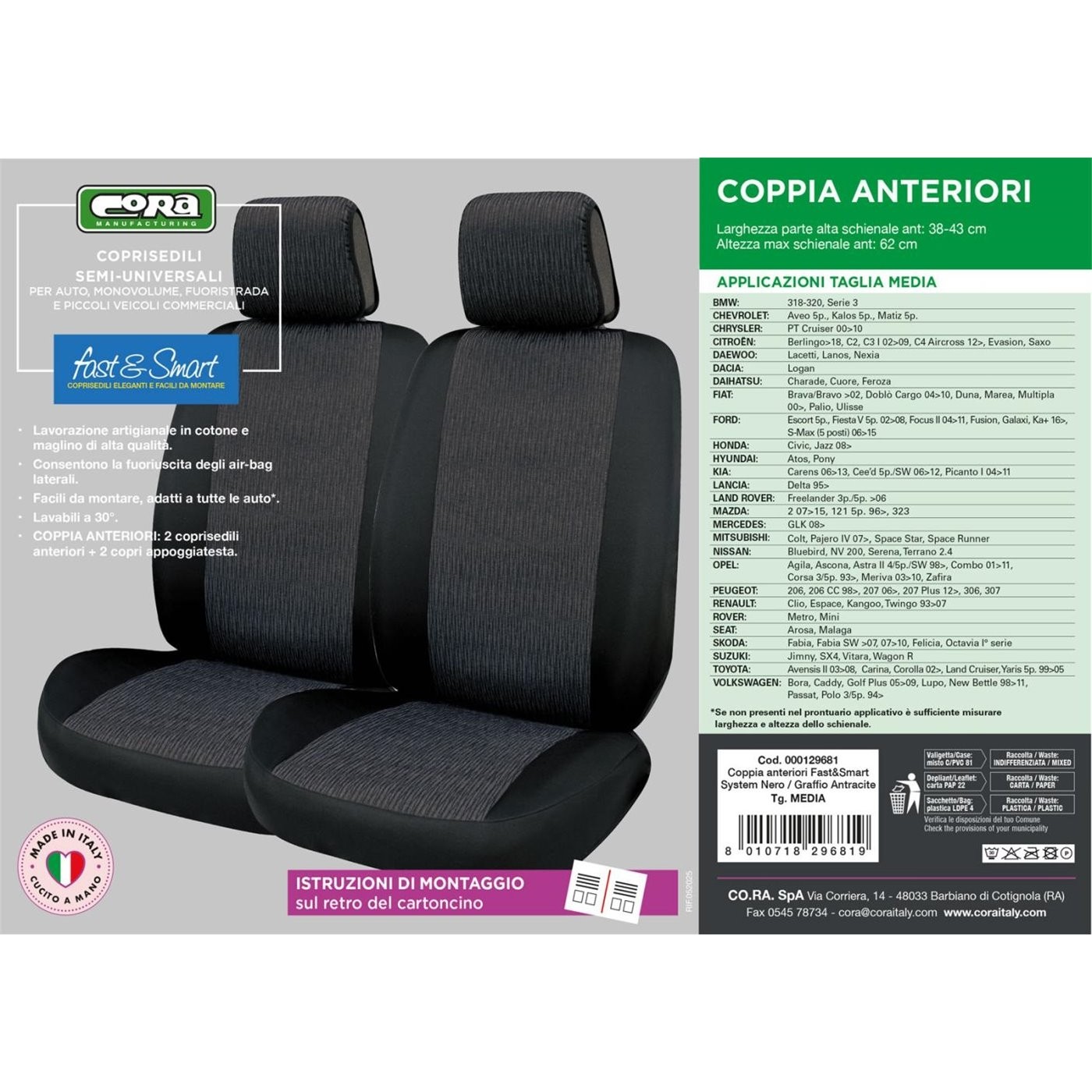 COPRISEDILI ANTERIORI UNIVERSALI FAST& SMART TG MEDIA TESSUTO MISTO COTONE COLORE ANTRACITE/NERO COARA 129681