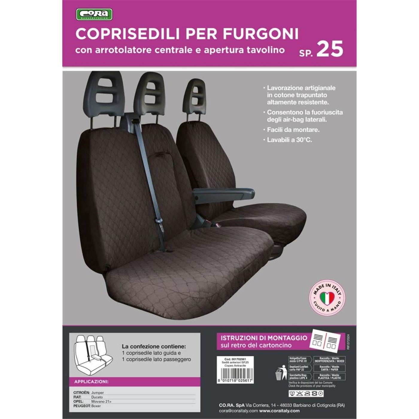 COPRISEDILI PER FURGONE TG SP25 TESSUTO COTONE TRAPUNTATO ANTRACITE CORA 1702561