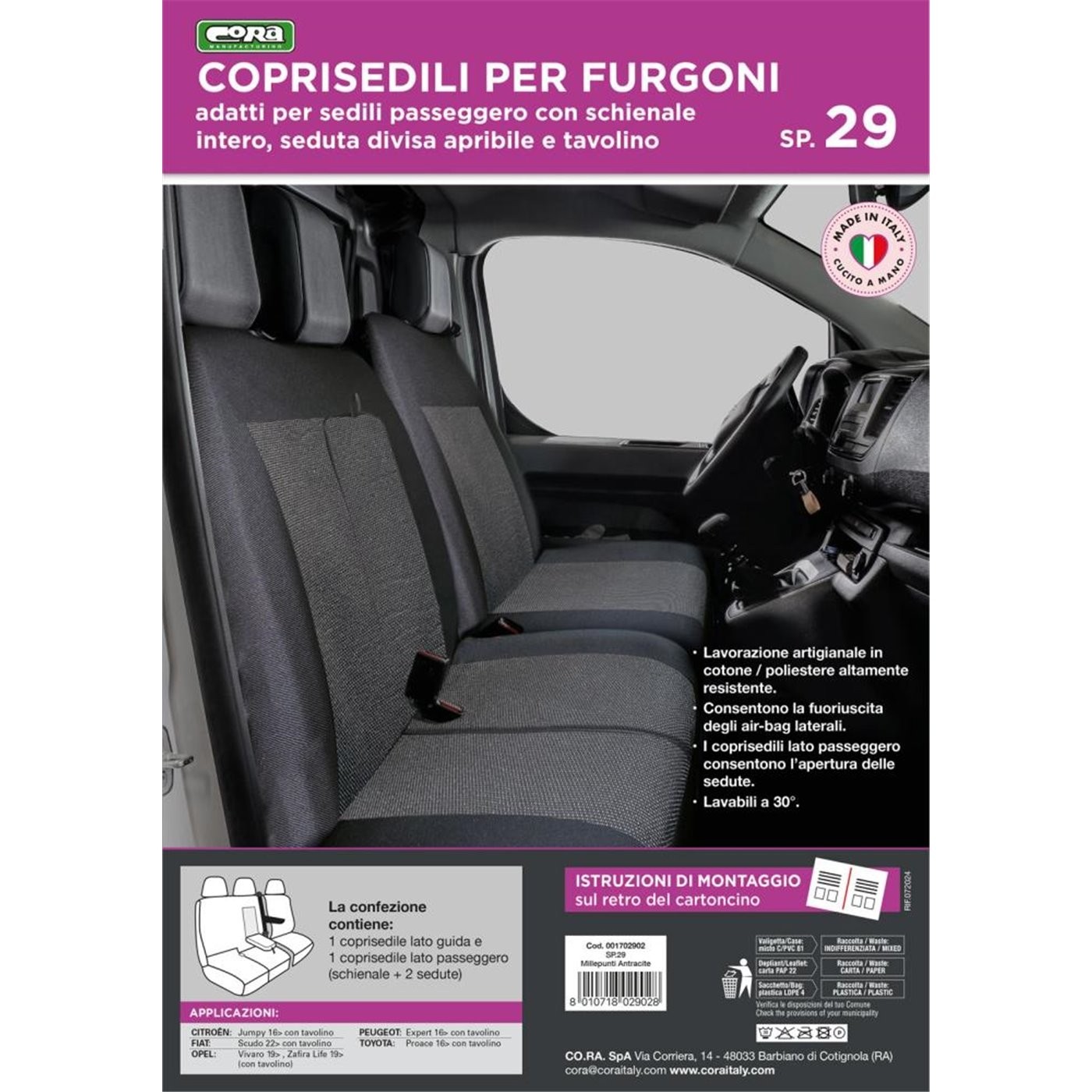 COPRISEDILI PER FURGONE TG SP29 CON TAVOLINO TESS. MISTO COTONE MILLEPUNTI ANTRACITE CORA 1702902