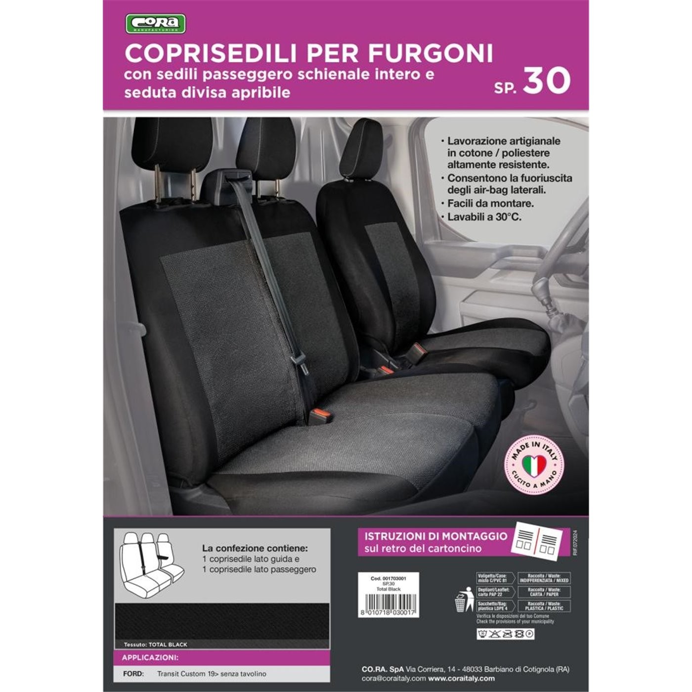 COPRISEDILI PER  FURGONI TG.SP30 SEDUTA DIVISA TESSUTO POLIESTERE NERO CORA 1703001