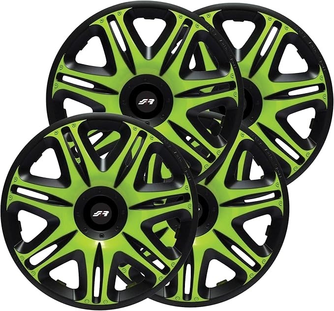 SET 4 COPRICERCHI UNIVERSALI 14'' POLLICI, COPRIRUOTA AUTO VERDE E NERO SIMONI NAS/14G