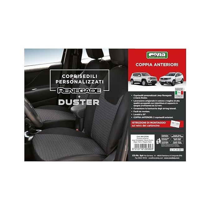 COPRISEDILI FODERINE ANTERIORI PERSONALIZZATI JEEP RENEGADE 14˃/COMPASS 17˃, DACIA SANDERO 20˃ TESS. RIGATO NERO CORA 129399