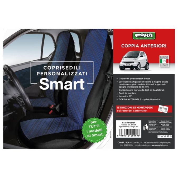 COPRISEDILI ANTERIORI PERSONALIZZATI SMART FORTWO TESS. MISTO COTONE BLU/NERO CORA 000129167