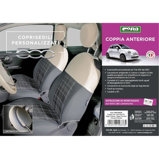 COPRISEDILI FODERINE ANT. PERSONALIZZATI FIAT 500 07˃ MISTO COTONE SCOZZESE GRIGIO/PANNA CORA 129376