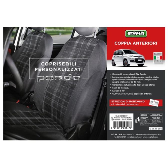 COPRISEDILI FODERINE ANTERIORI PERSONALIZZATI FIAT PANDA 12˃ TESS. MISTO COTONE SCOZZESE GRIGIO/PIOMBO CORA 129147