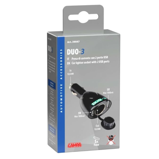 DUO-3 - PRESA TIPO ACCENDISIGARI + 2 PRESE USB LAMPA 39047